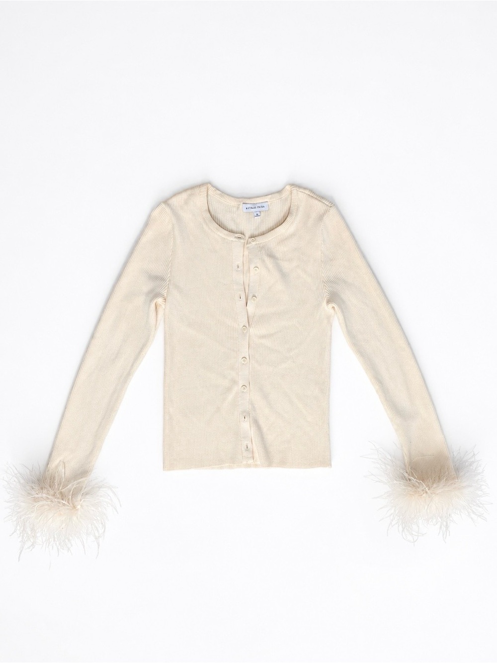 Gianni Bini Cream Feather-Cuff Crew Cardigan (S) - Excellent Condition